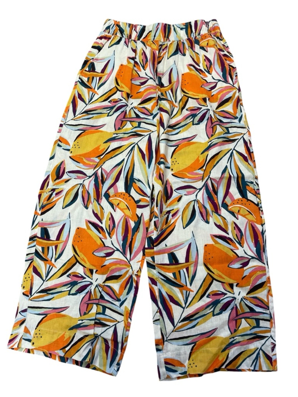 Citrus Fruit C&C California Linen Wide Leg Cropped Pull On Pants Tropical Print